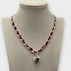 Charter Club Red Ribbon Chain Heart Pendant Necklace NWT Silver Tone